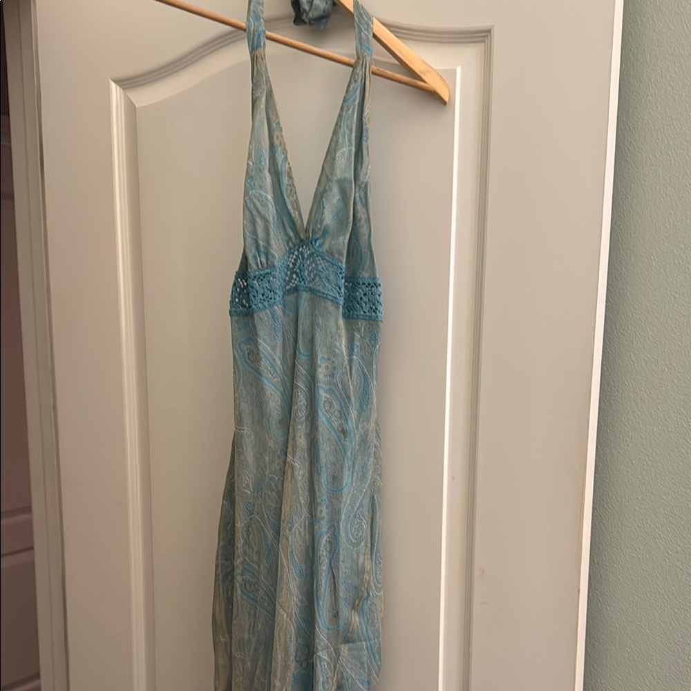 Blue Halter Dress with Paisley Pattern
